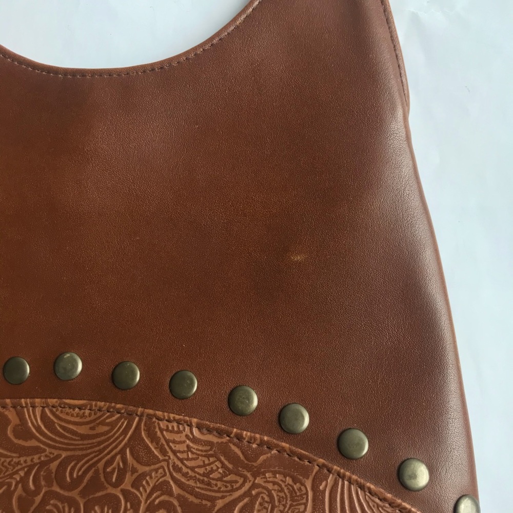 Brown vegan shoulder bag with floral emboss/ studs - Picture 6 of 7